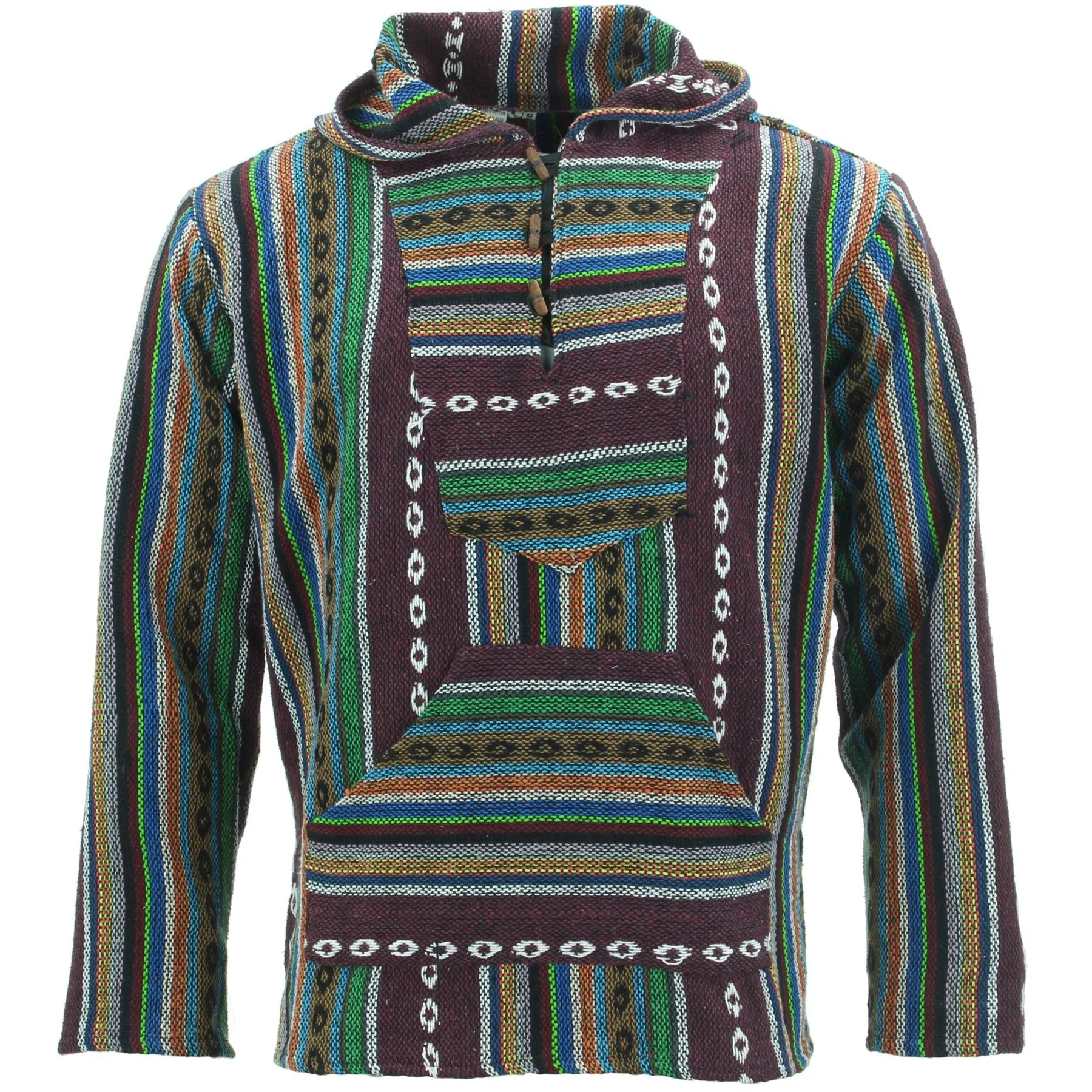 Woven Cotton Baja Hoodie - Maroon, Blue & Green