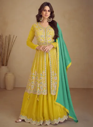 Yellow And Turquoise Traditional Embroidered Wedding Anarkali Lehenga