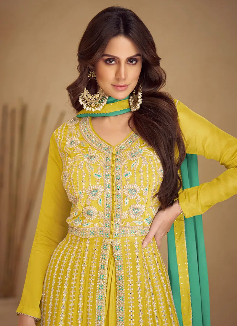 Yellow And Turquoise Traditional Embroidered Wedding Anarkali Lehenga