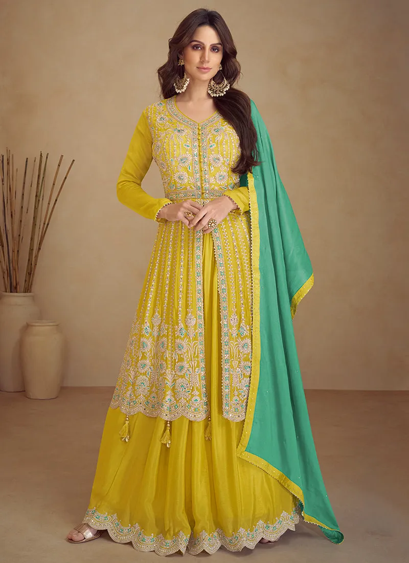 Yellow And Turquoise Traditional Embroidered Wedding Anarkali Lehenga