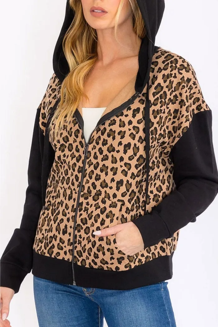 Zip Up Front Pockets Animal Print Hooded Jacket