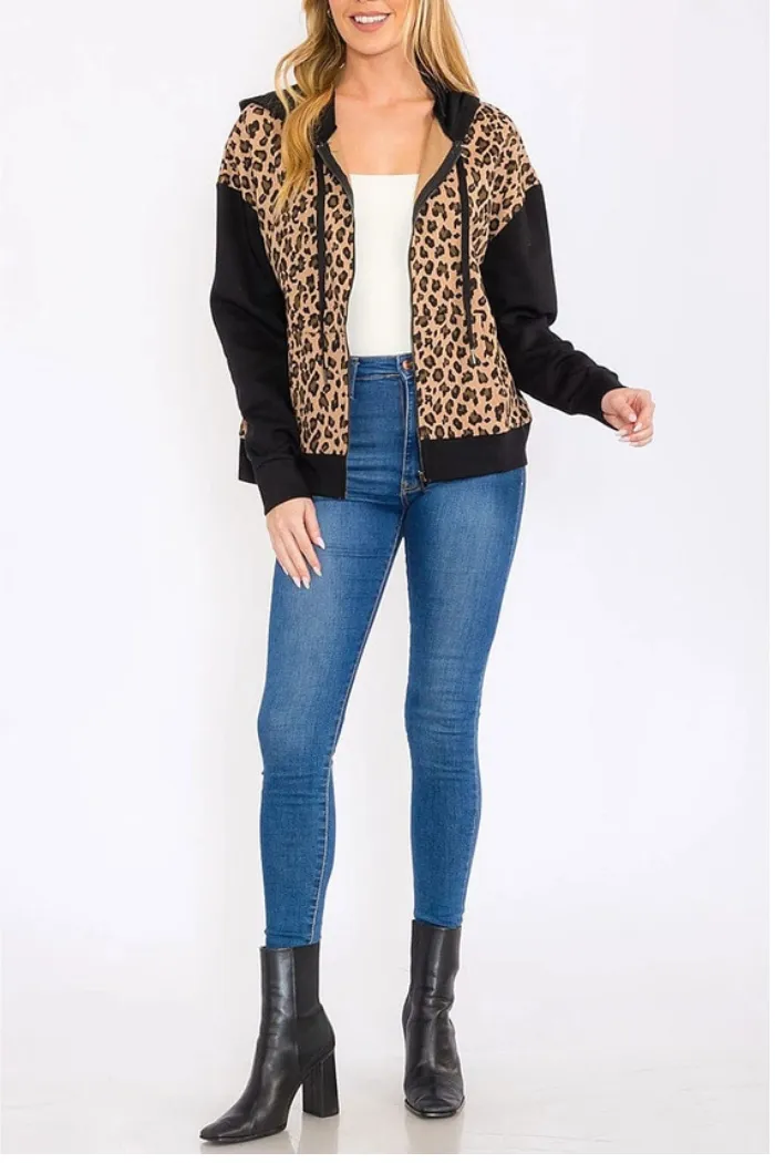 Zip Up Front Pockets Animal Print Hooded Jacket