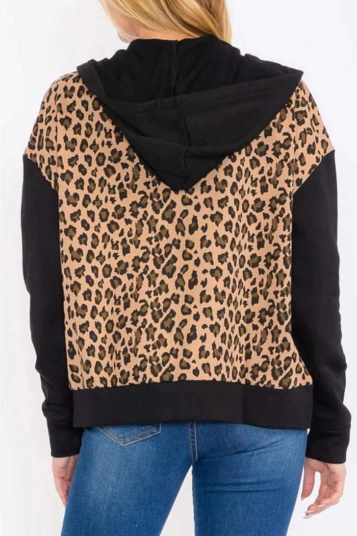 Zip Up Front Pockets Animal Print Hooded Jacket